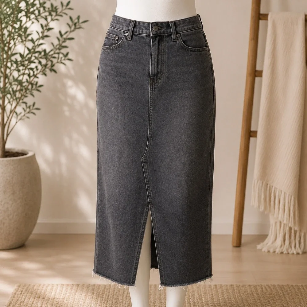 NWT Lost Ink Denim Midi Skirt Womens 24 Black Raw Hem Front‎ Slit High Waist